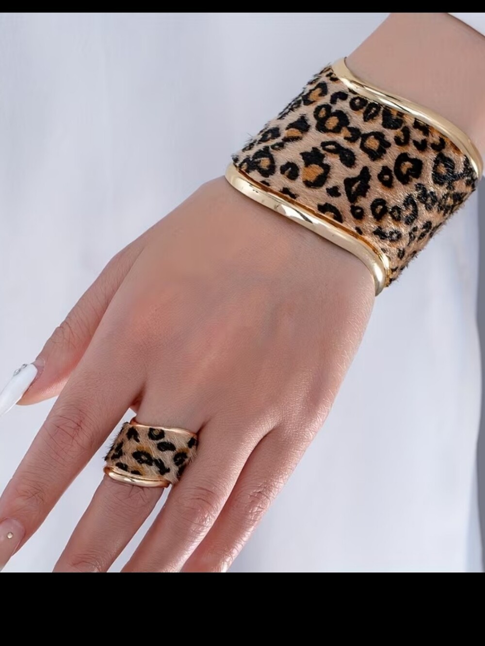 Leopard Print Gold-Trim Cuff Bracelet and Ring Set
